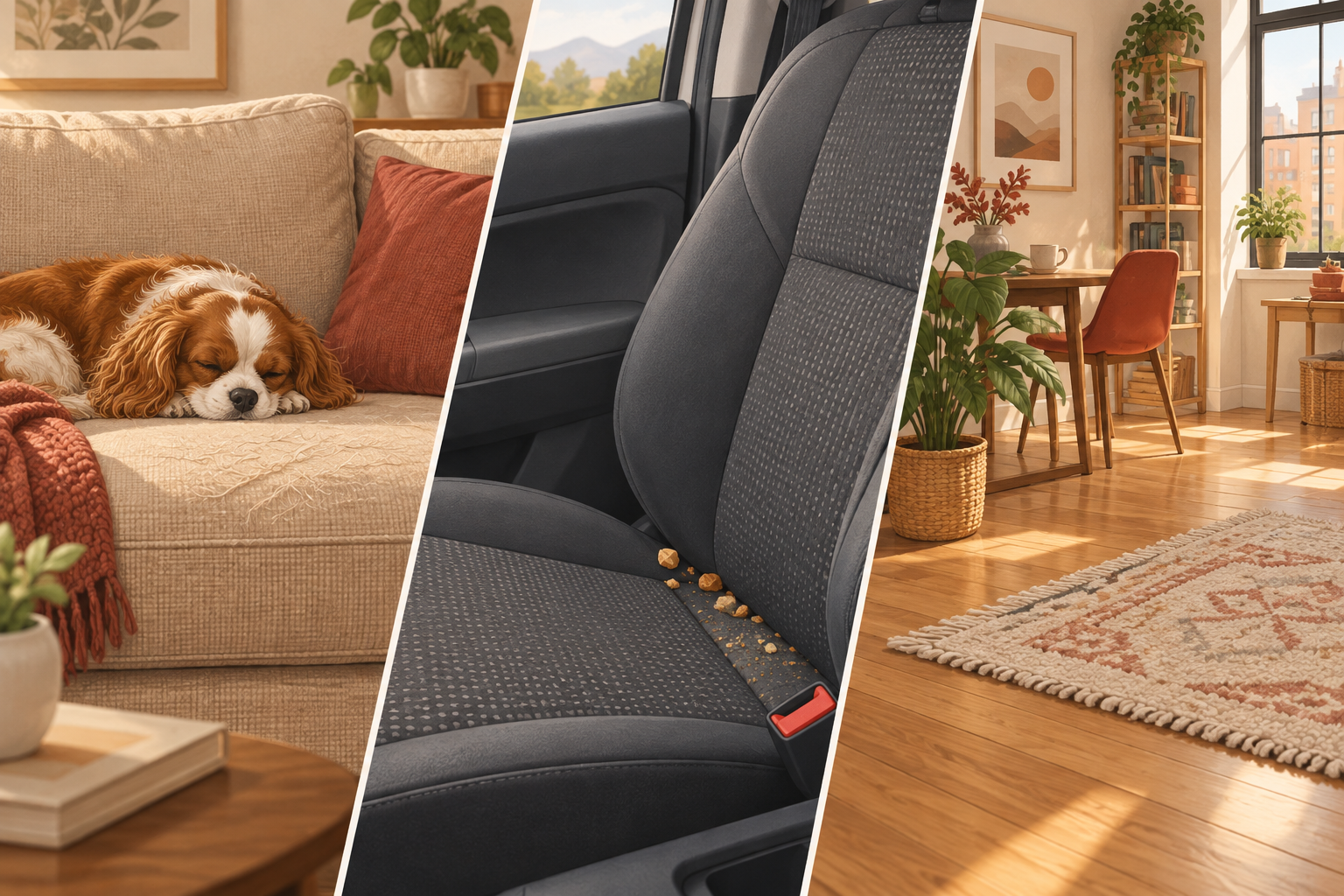AI illustration of a dog on a sofa, crumbs on a car seat, and a small apartment floor