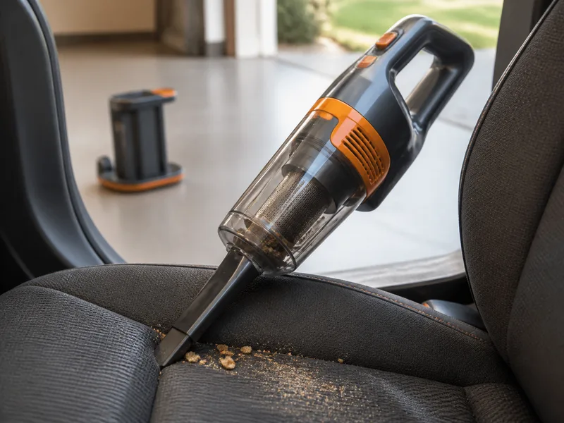 Generic cordless handheld vacuum cleaning crumbs from a car-seat crevice