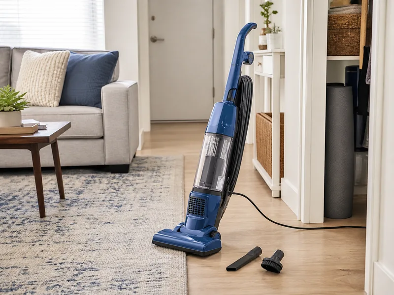 Generic compact blue upright vacuum between a low-pile rug and hard floor