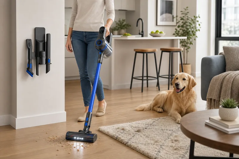 Generic cordless stick vacuum with attachments cleaning hard floor and a small rug