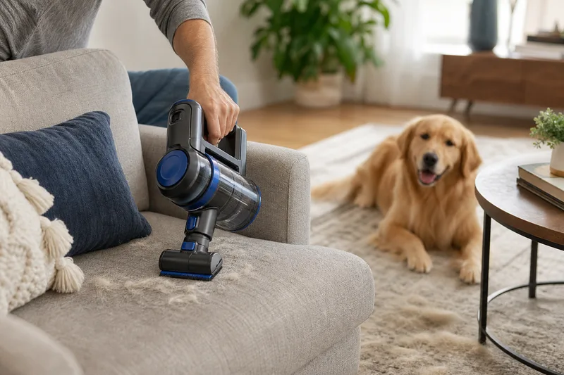 Generic cordless handheld vacuum cleaning pet hair from a sofa