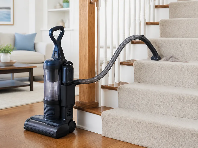 Generic navy lift-away upright vacuum cleaning a carpeted staircase