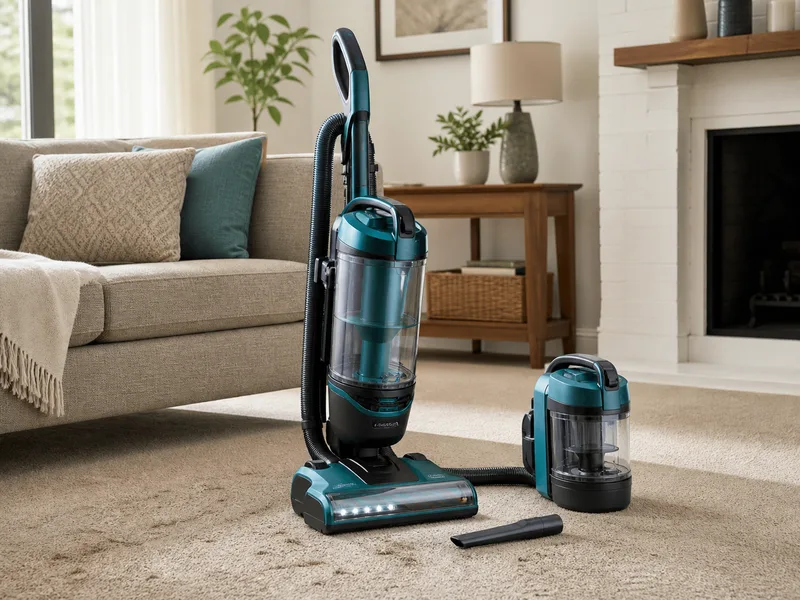 Generic teal lift-away upright vacuum with detachable pod in a living room